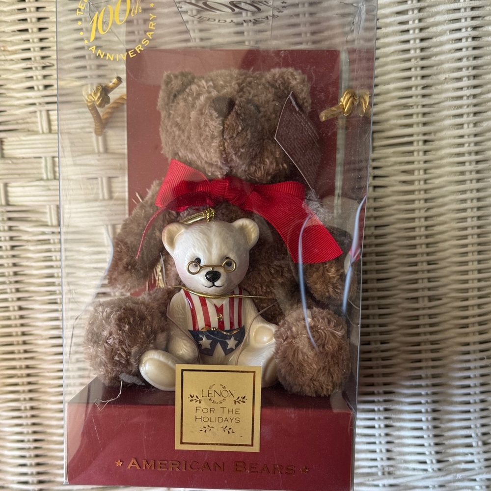 Lenox Brown Plush Bear with Red Bow and Cream Patriotic Figurine